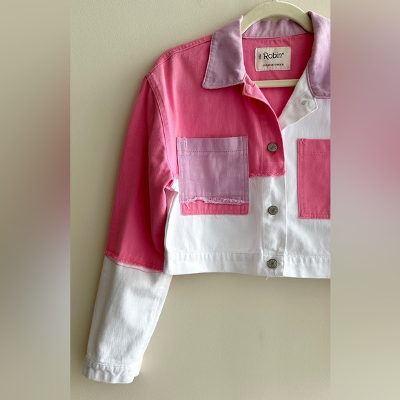 Robin Cropped Pink/White/Purple Patchwork Denim Jacket, Size EUR 40 - Picture 2 of 16